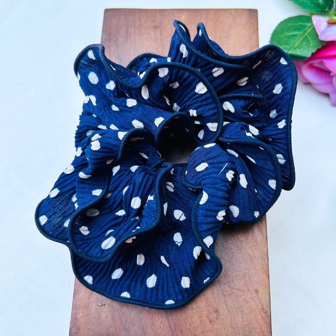 Polka Dot Pleated Blue Oversized Scrunchie