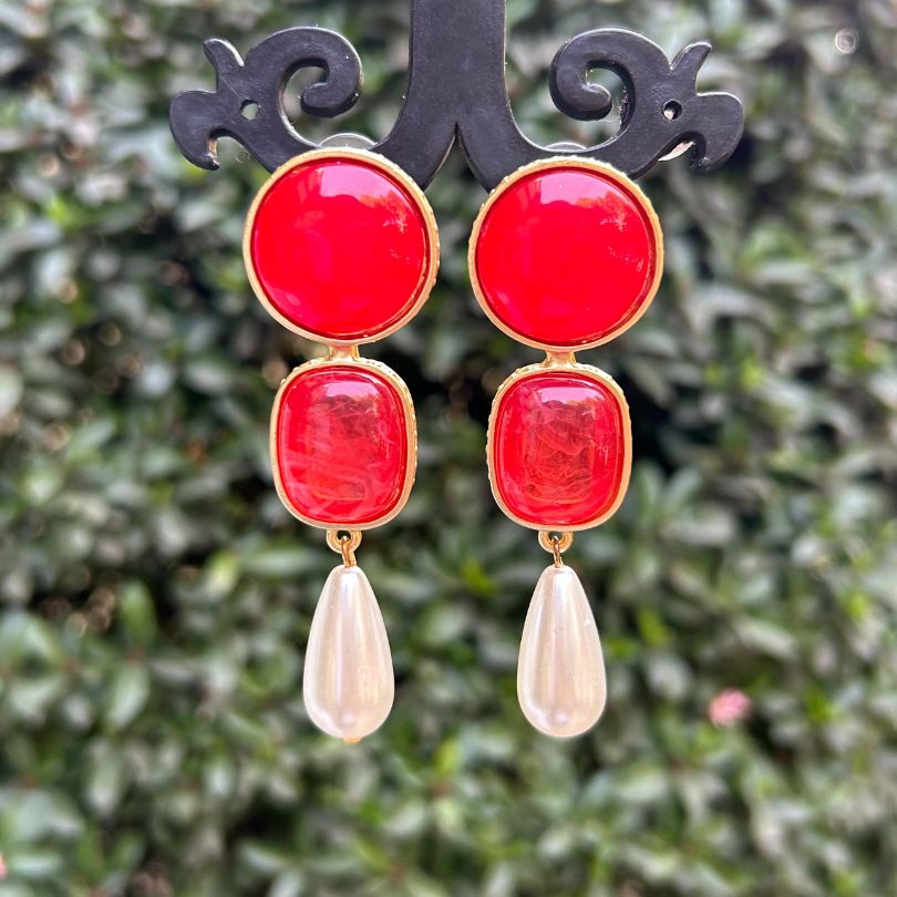 Round Square Red Layered Earrings