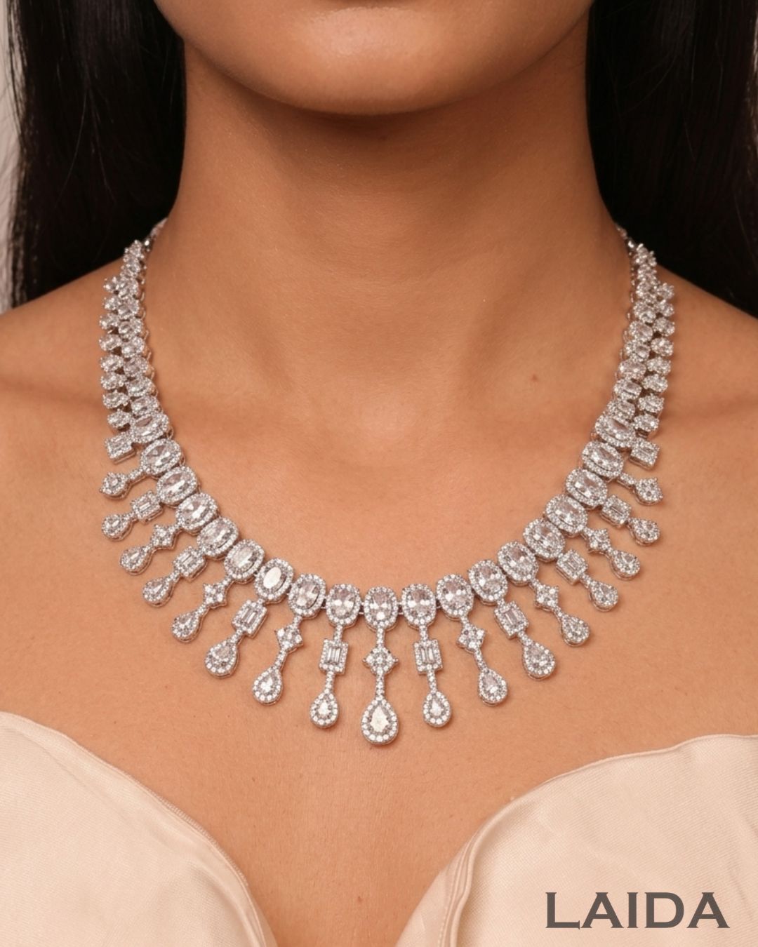 Romina Silver Statement American Diamond Necklace Set
