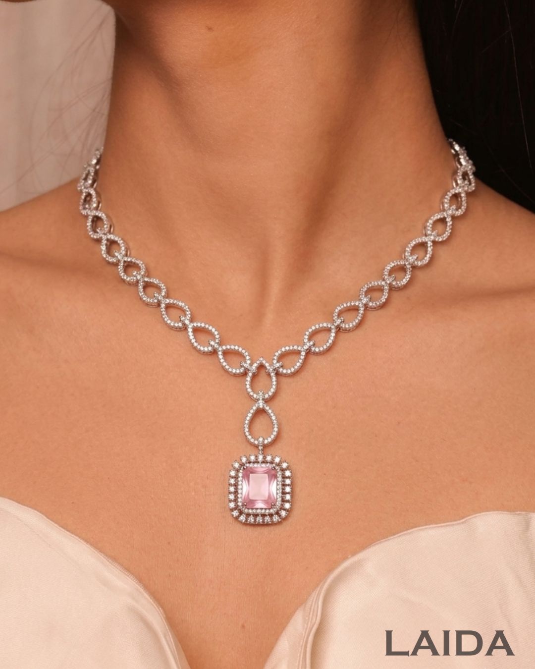Amaia Pink Silver Statement American Diamond Necklace Set