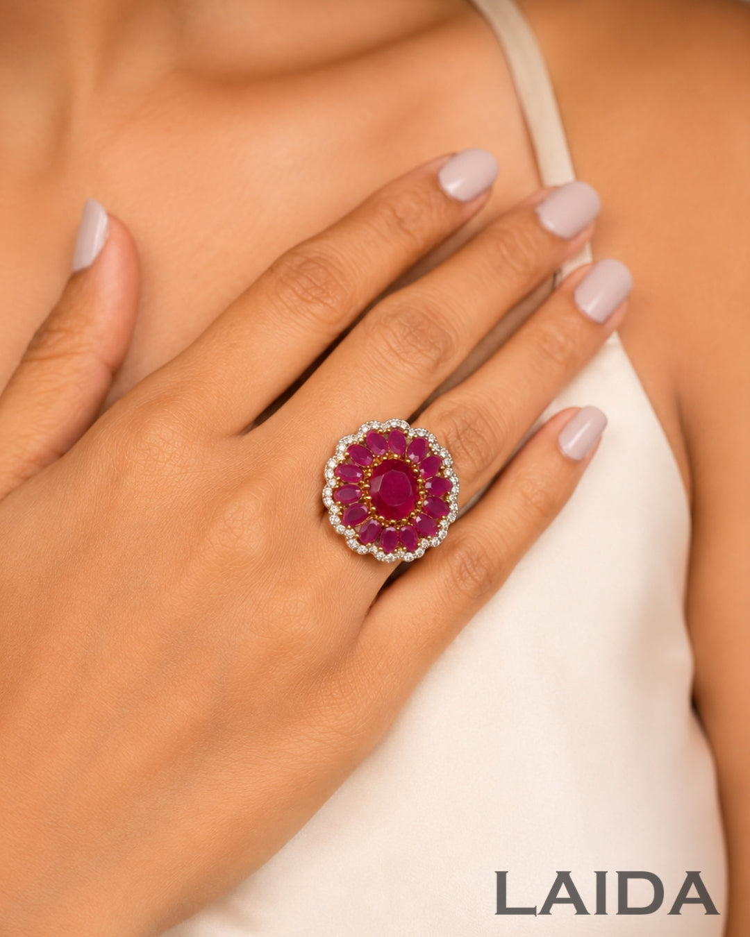 Flora Ruby American Diamond Finger- Ring