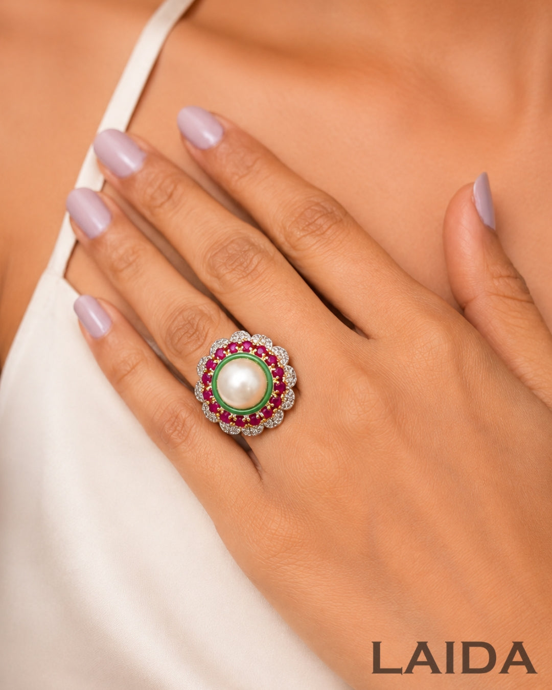Multi Pearl Studded American Diamond Finger- Ring