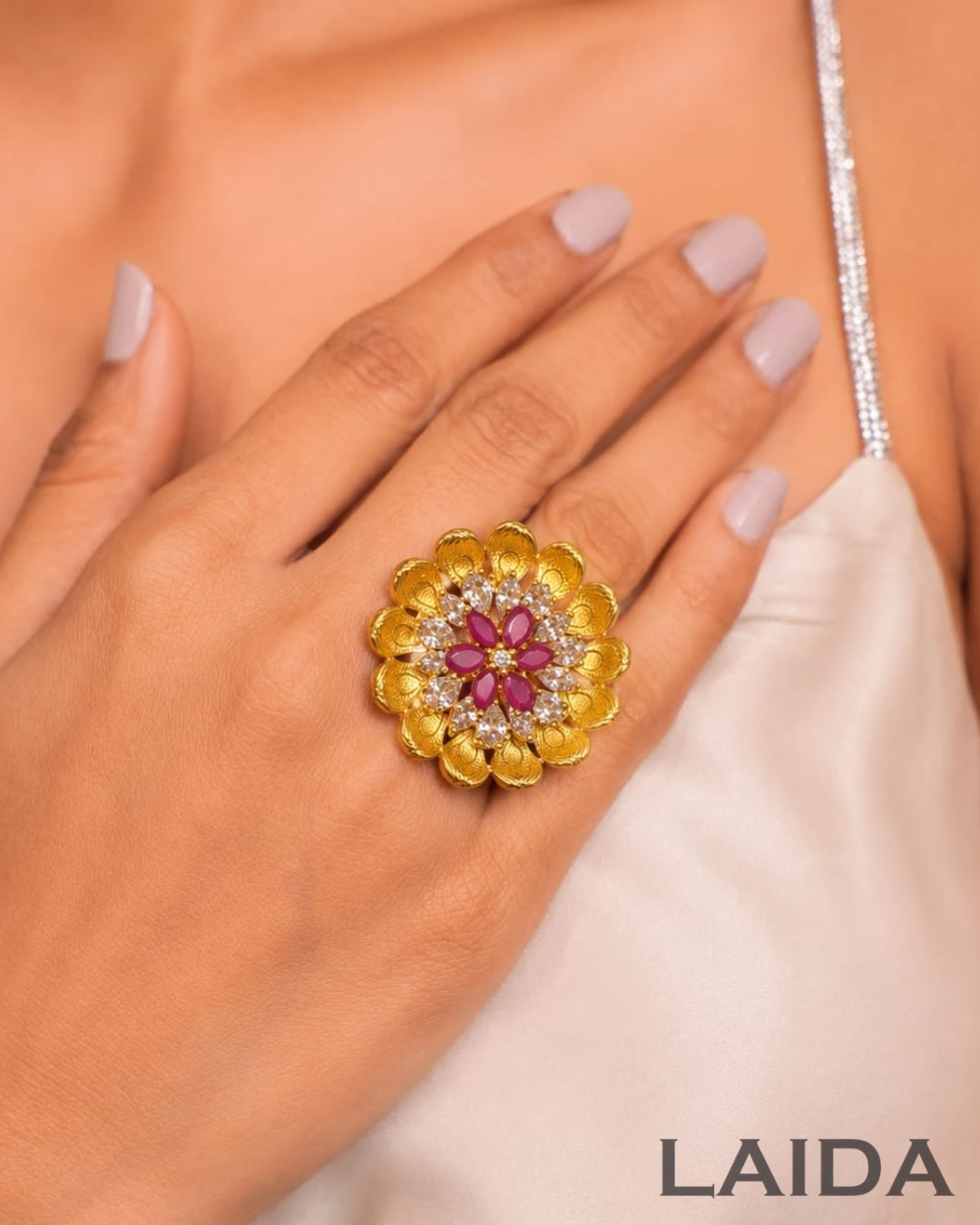 Ruby Flower American Diamond Adjustable Finger- Ring