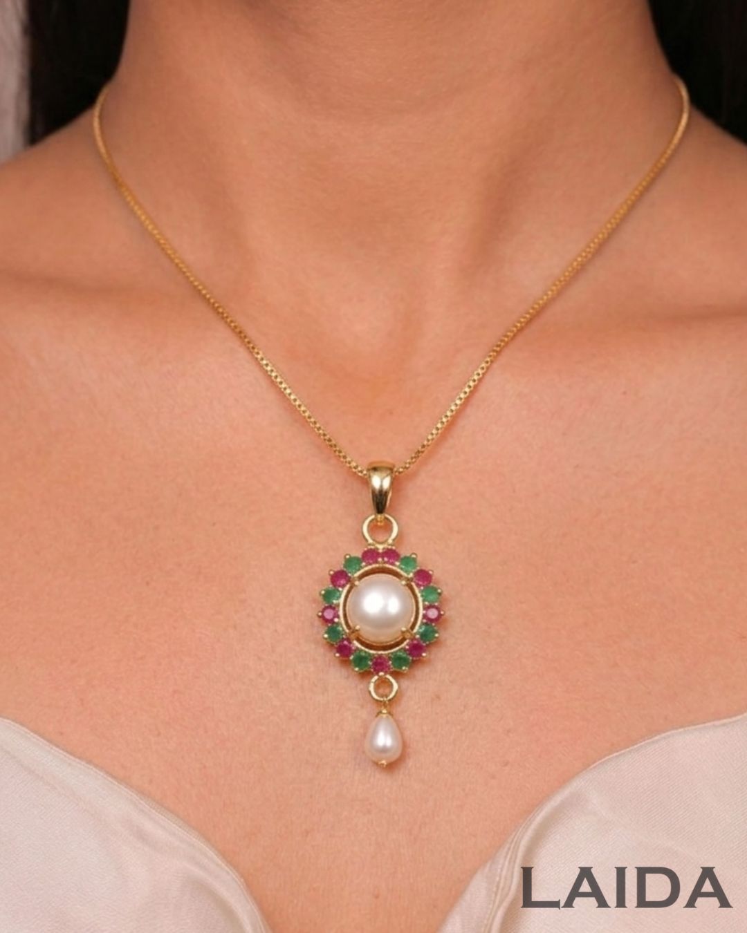 Adhya Multi Pearl 18K Gold Plated American Diamond Pendant Set