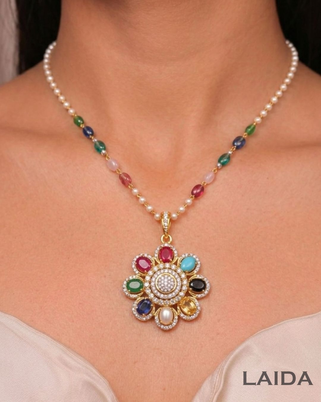Navratan 18K Gold Plated American Diamond Pendant Set