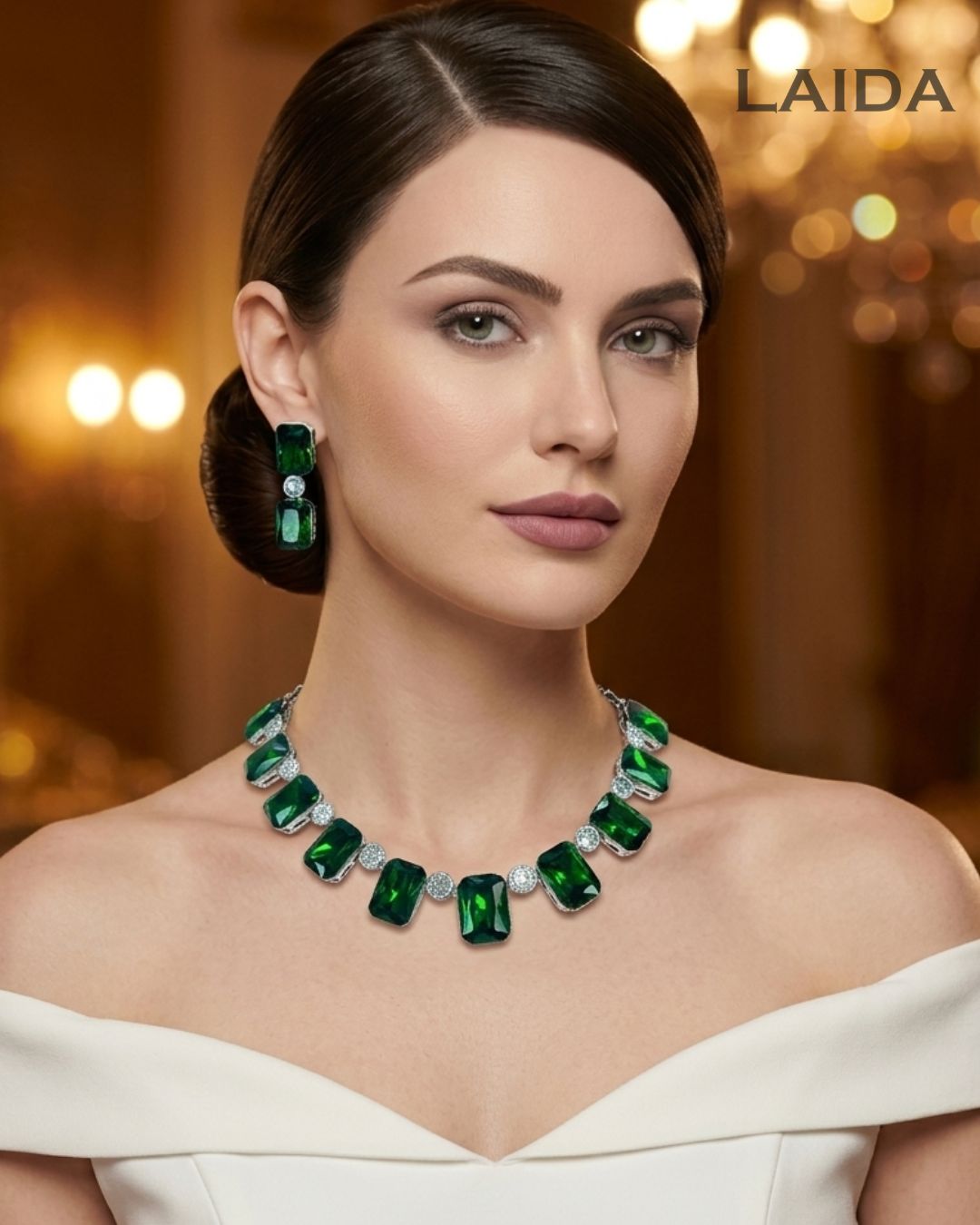 Statement Emerald Green American Diamond Necklace Set