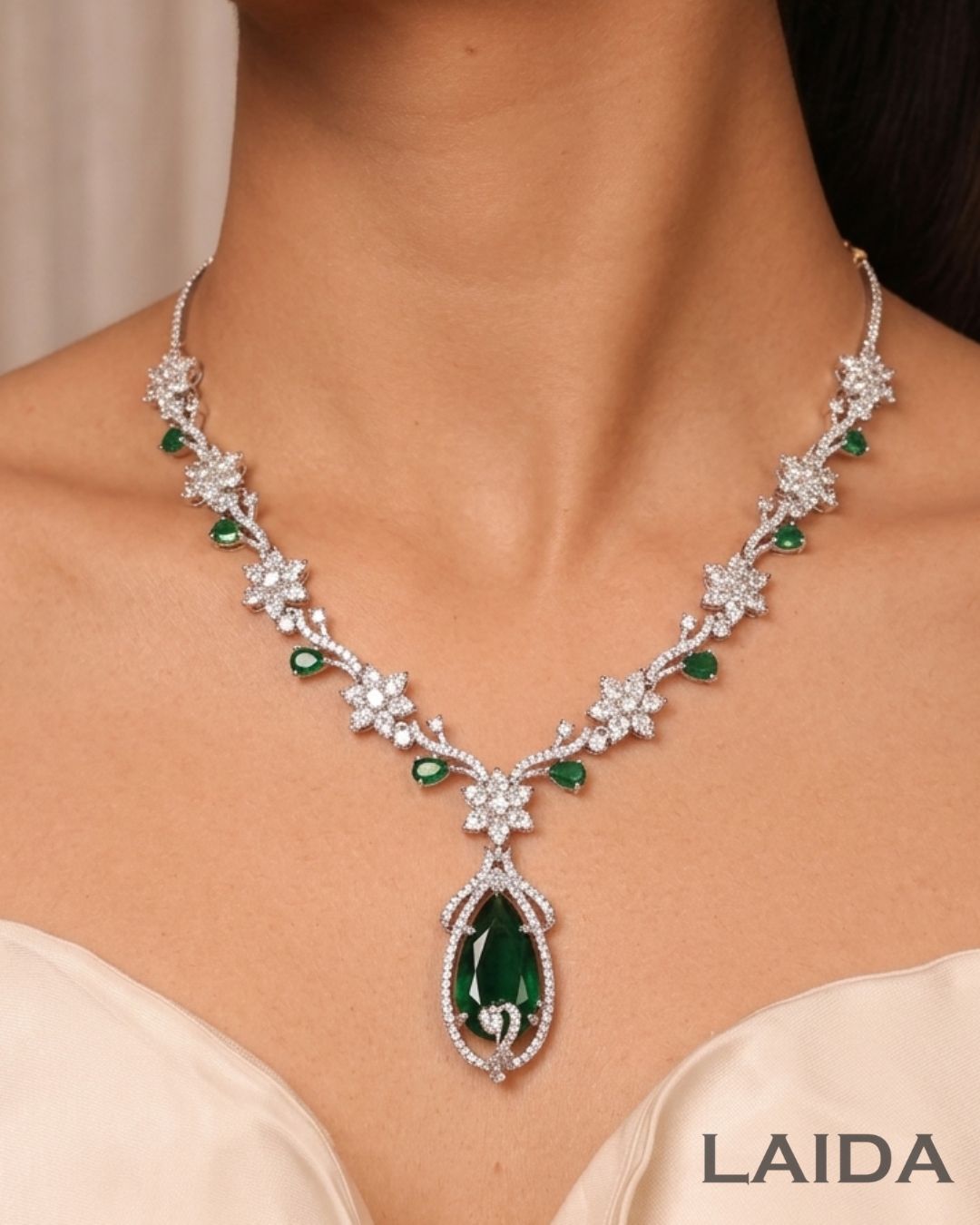 Emerald Green Floral Garden American Diamond Necklace Set