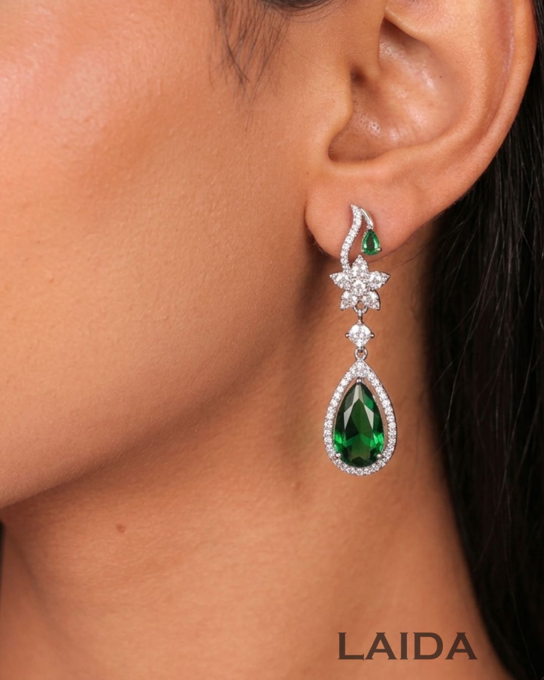 Emerald Green Floral Garden American Diamond Necklace Set