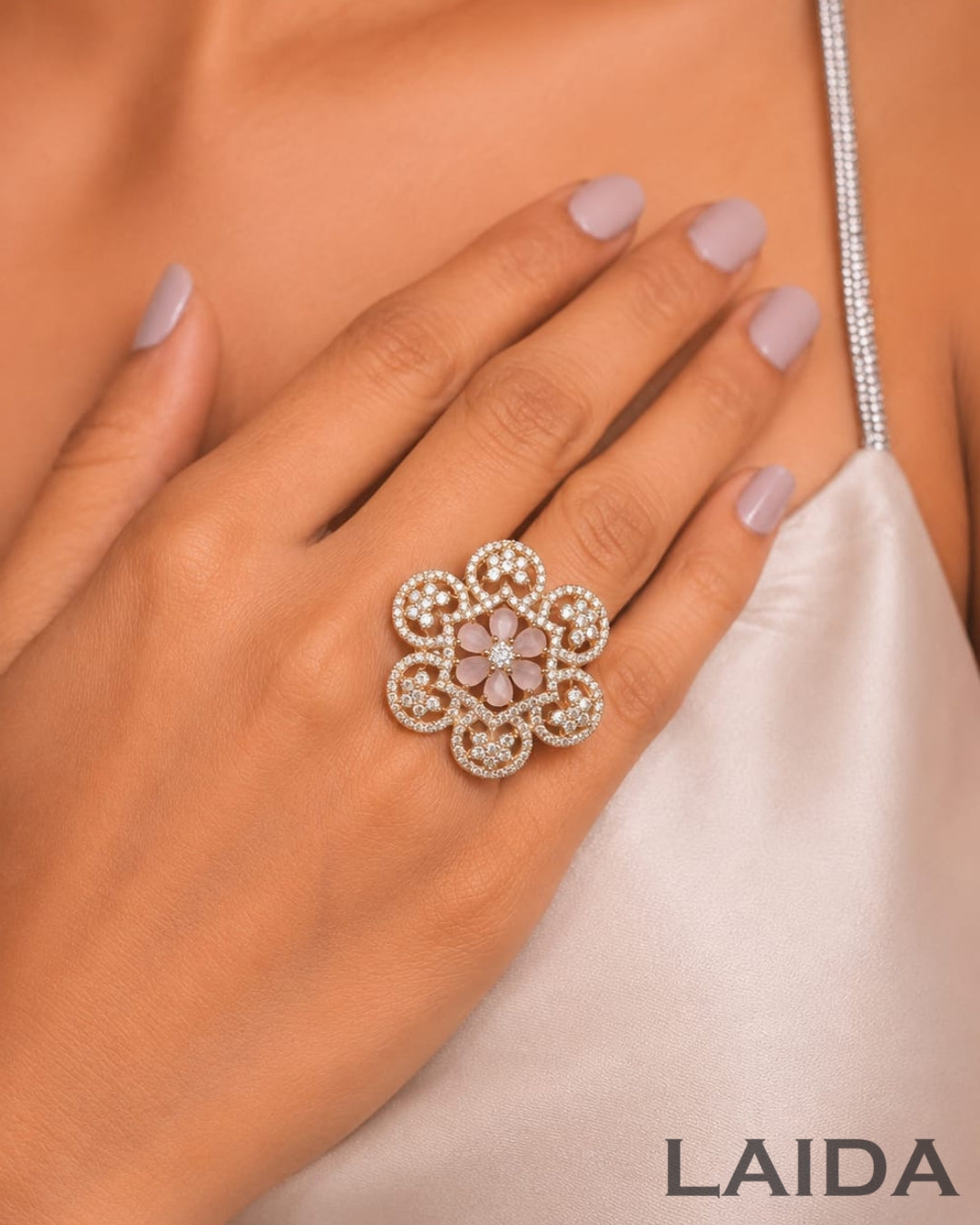 Pink Flower American Diamond Adjustable Finger- Ring