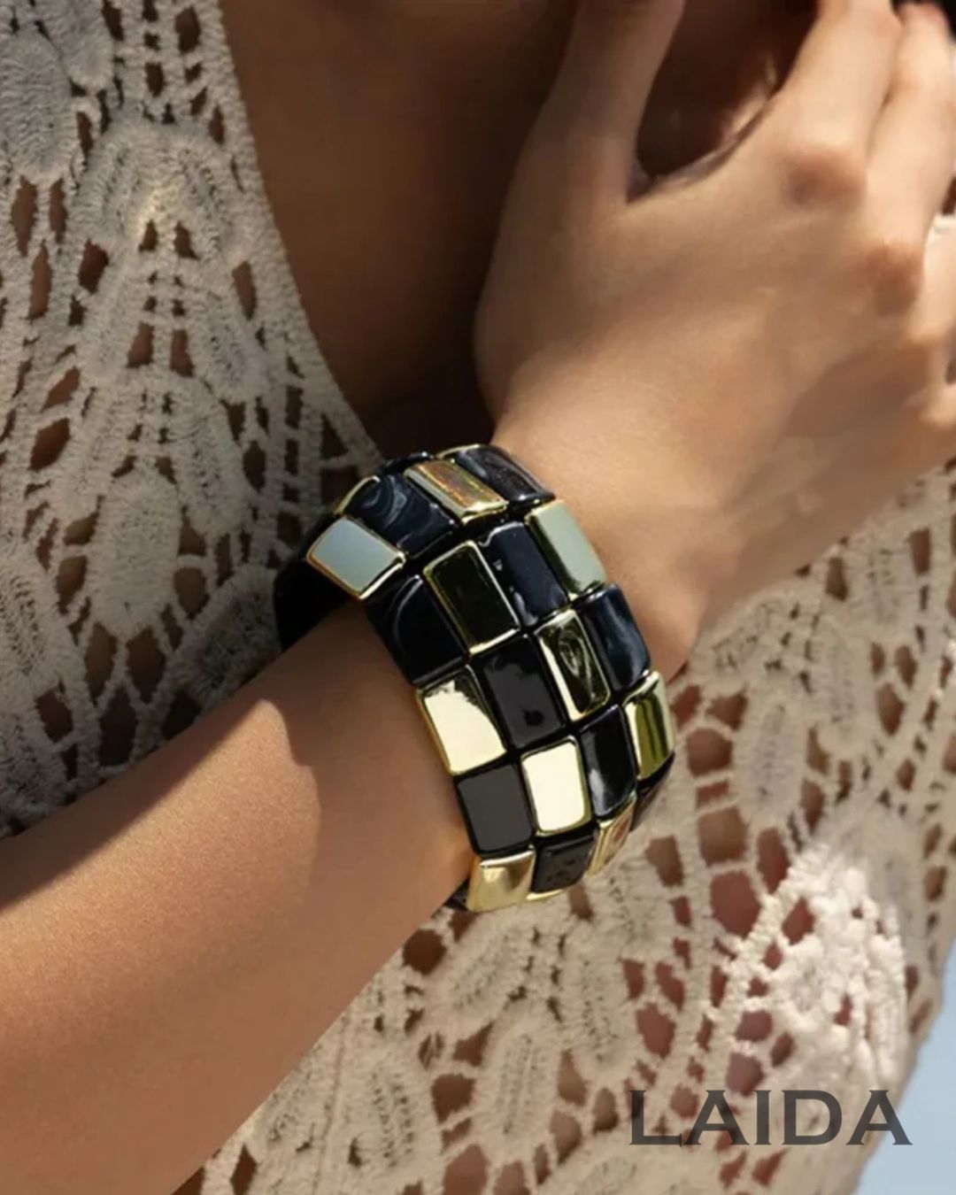 Black Retro Acrylic square Patchwork Bracelet