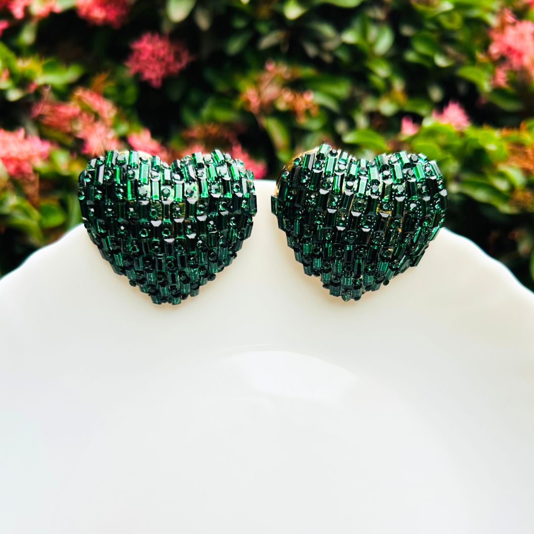 Bling Blogger Dark Green Heart Earrings - Big