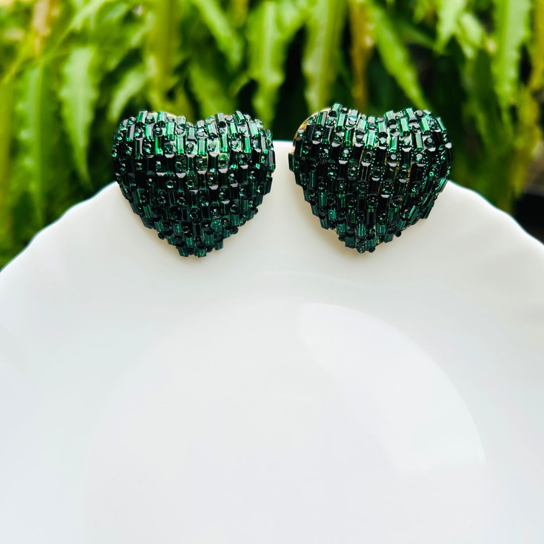 Bling Blogger Dark Green Heart Earrings - Big