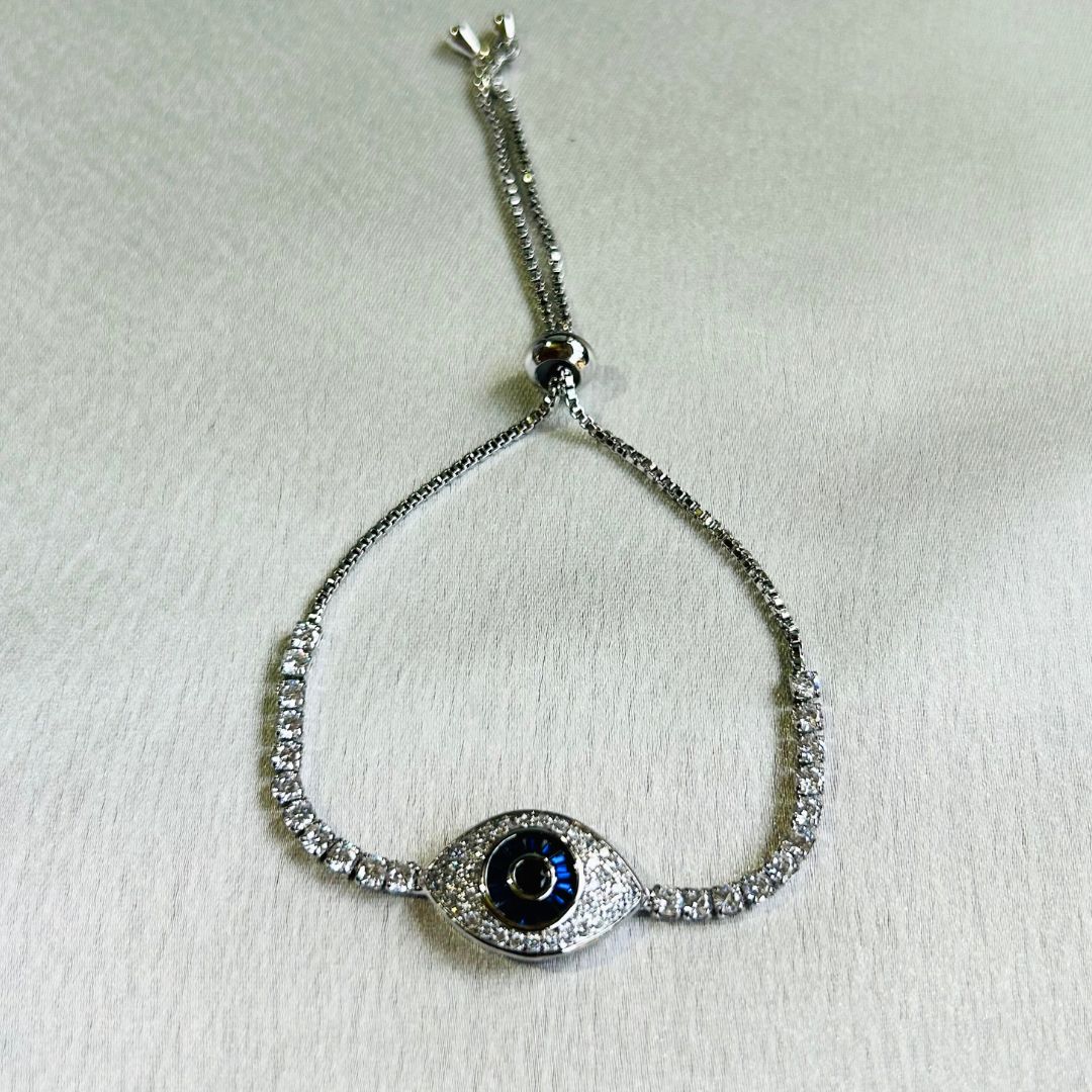 Silver American Diamond Evil Eye - Adjustable Bracelet
