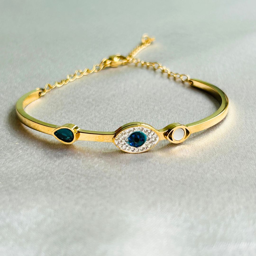 Rhinestone Evil Eye Gold Plated  - Bangle Bracelet