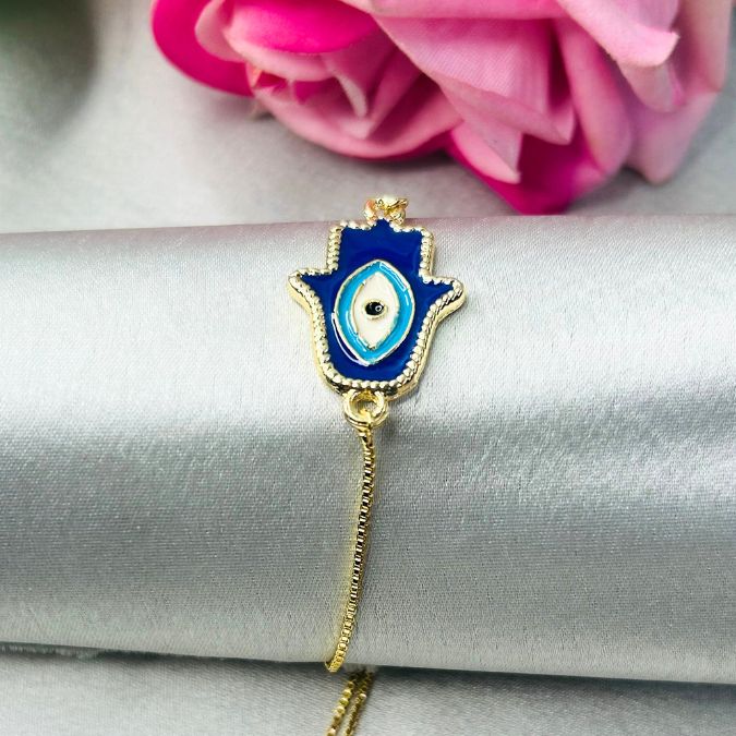 Hamsa Blue - Gold Plated  Adjustable Bracelet