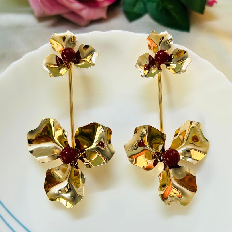 Flower Maroon Pearl Elongated Earrings