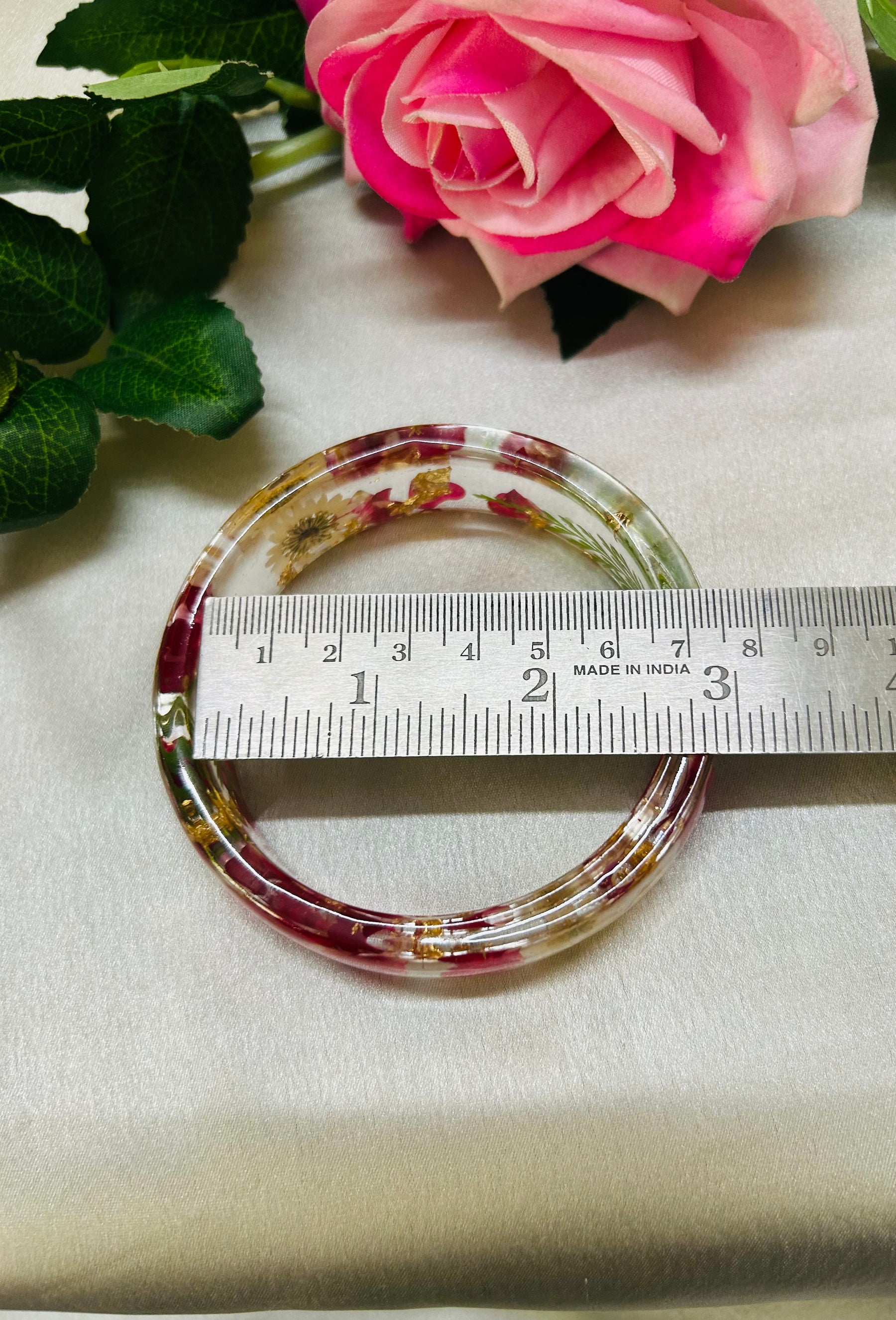 Pink Flower Resin Transparent Bangles