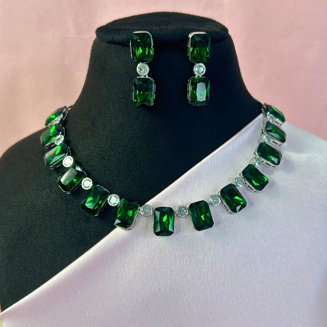 Statement Emerald Green American Diamond Necklace Set