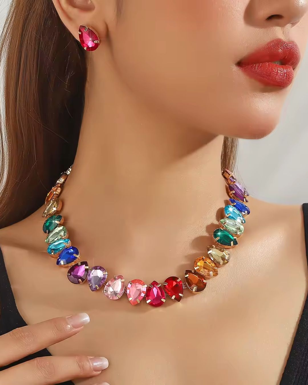 Vintage Multicolor Teardrop Necklace With Earrings