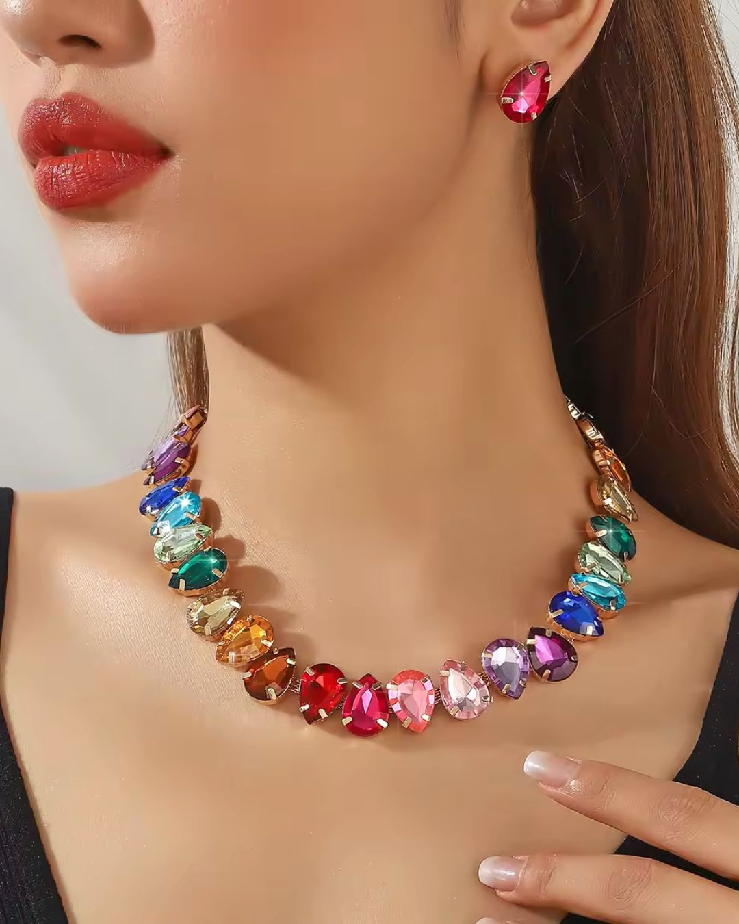 Vintage Multicolor Teardrop Necklace With Earrings