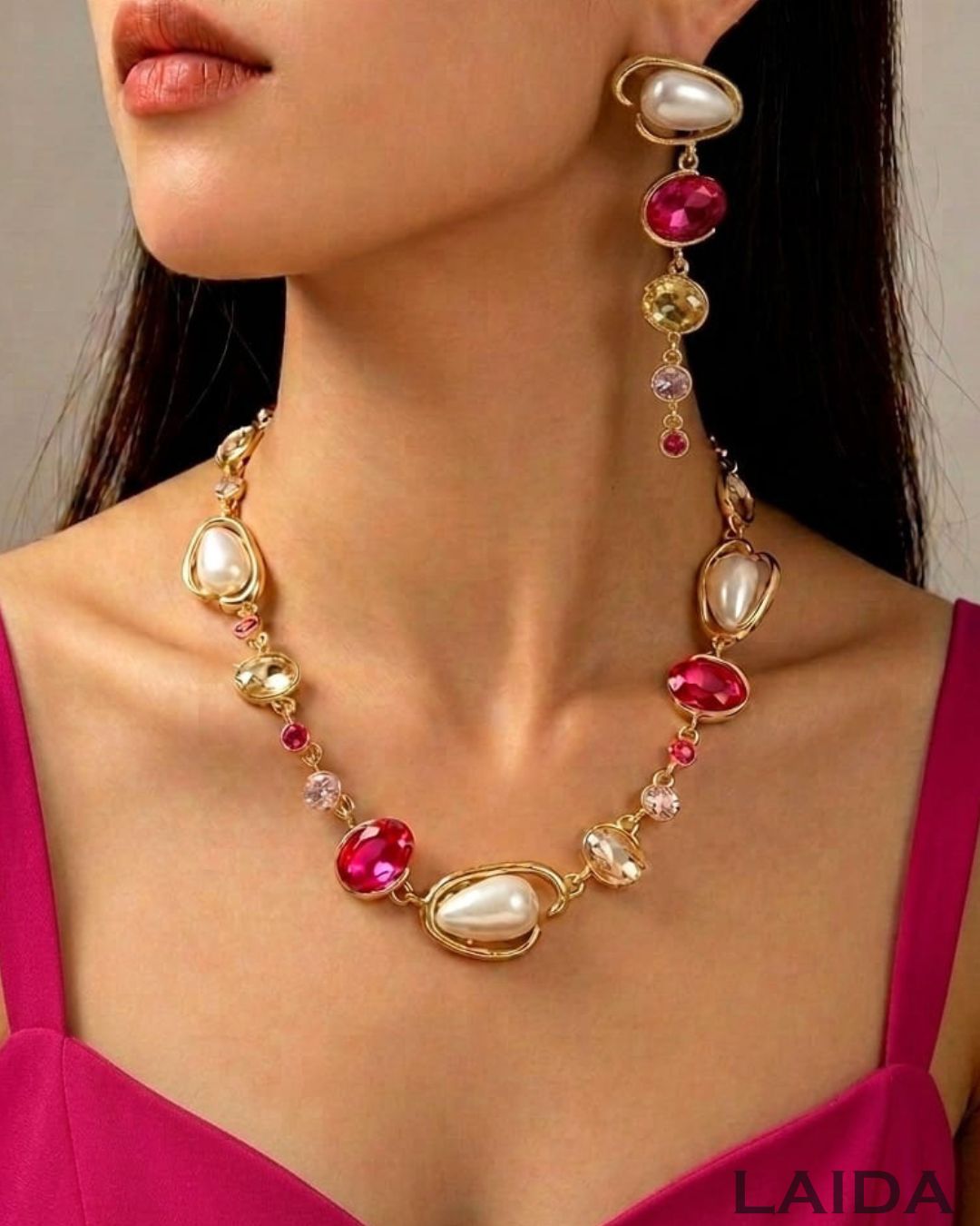 Retro Chic Pink Crystal Pearl Necklace With Earrings