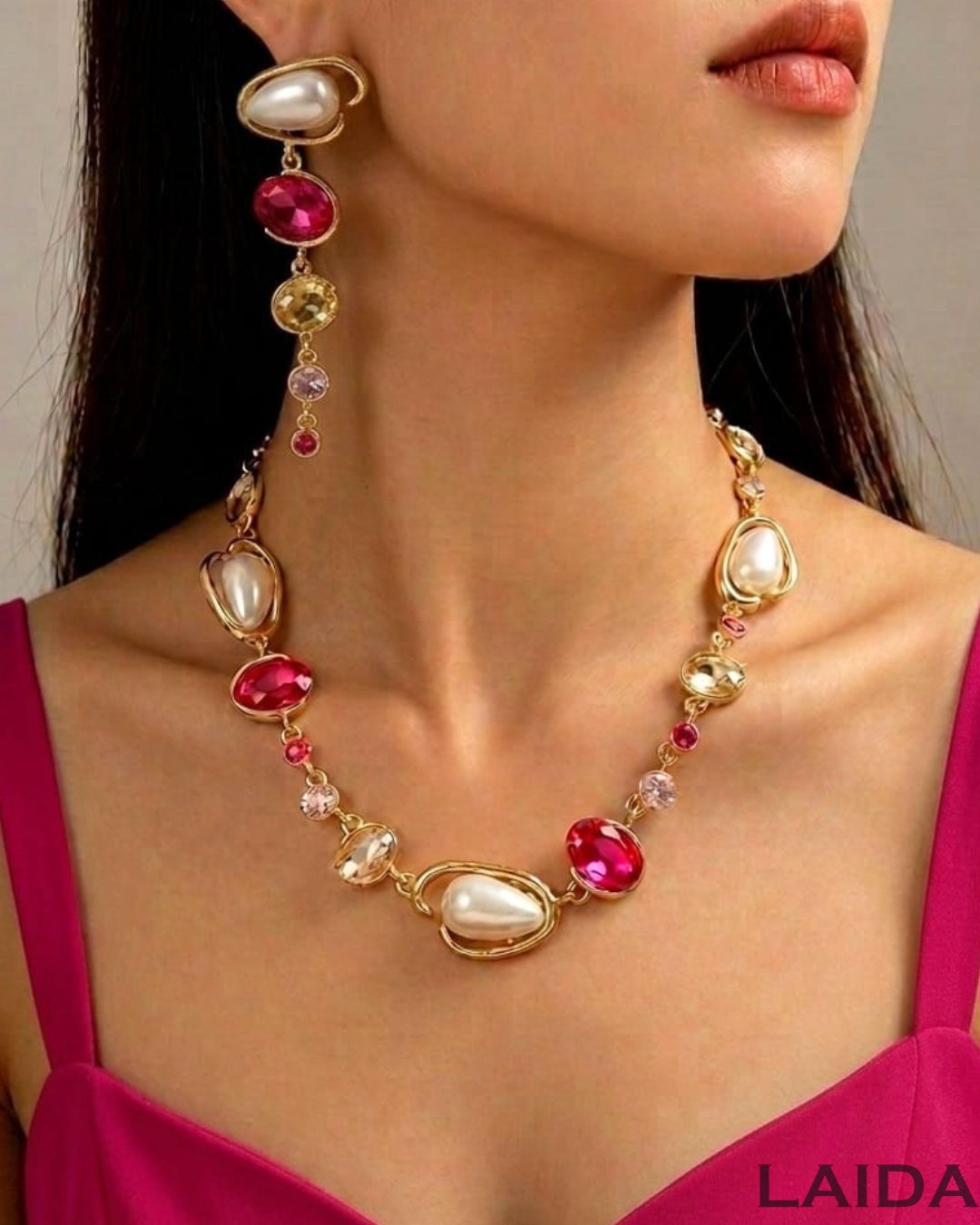 Retro Chic Pink Crystal Pearl Necklace With Earrings