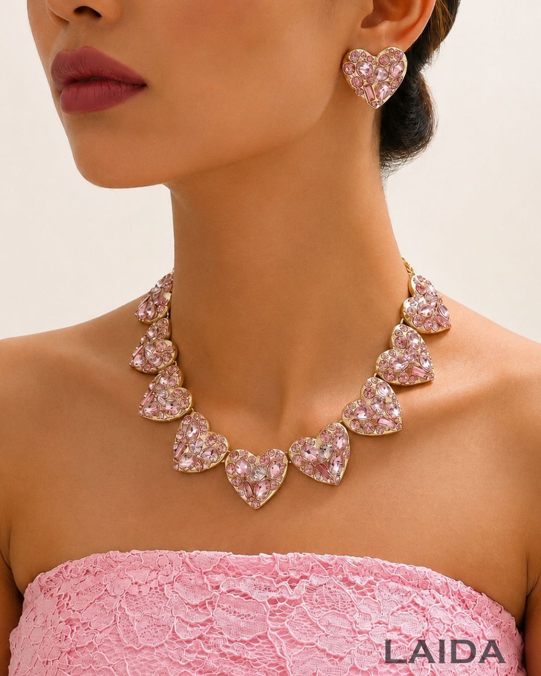 Baby Pink Crystal Heart Necklace With Earrings