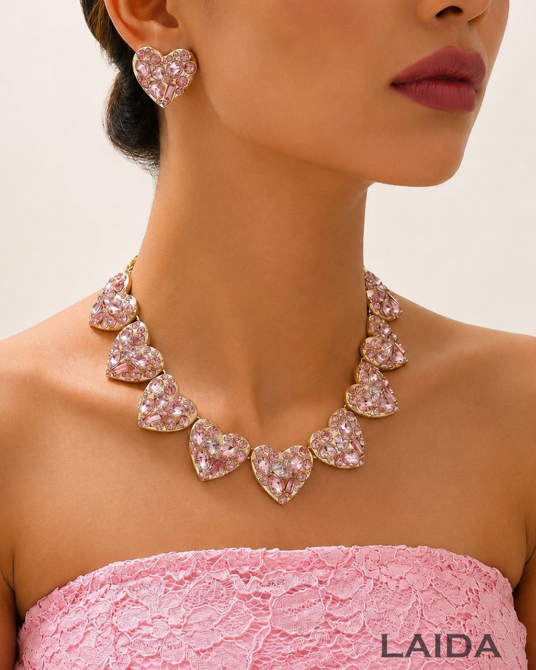 Baby Pink Crystal Heart Necklace With Earrings