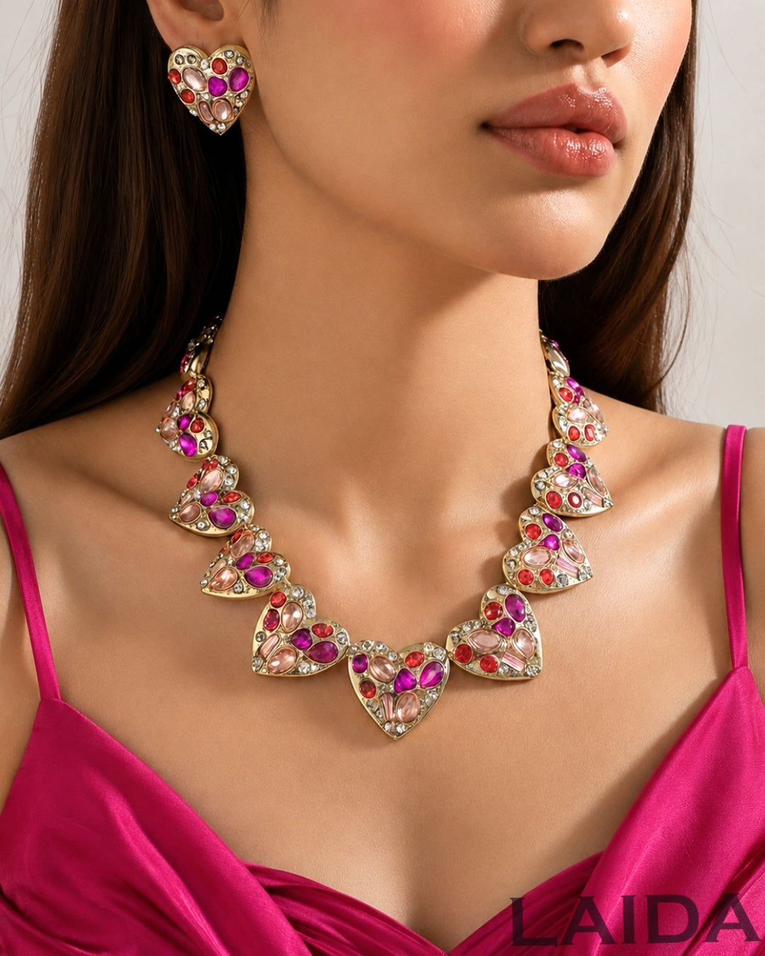 Multi Crystal Heart Necklace With Earrings