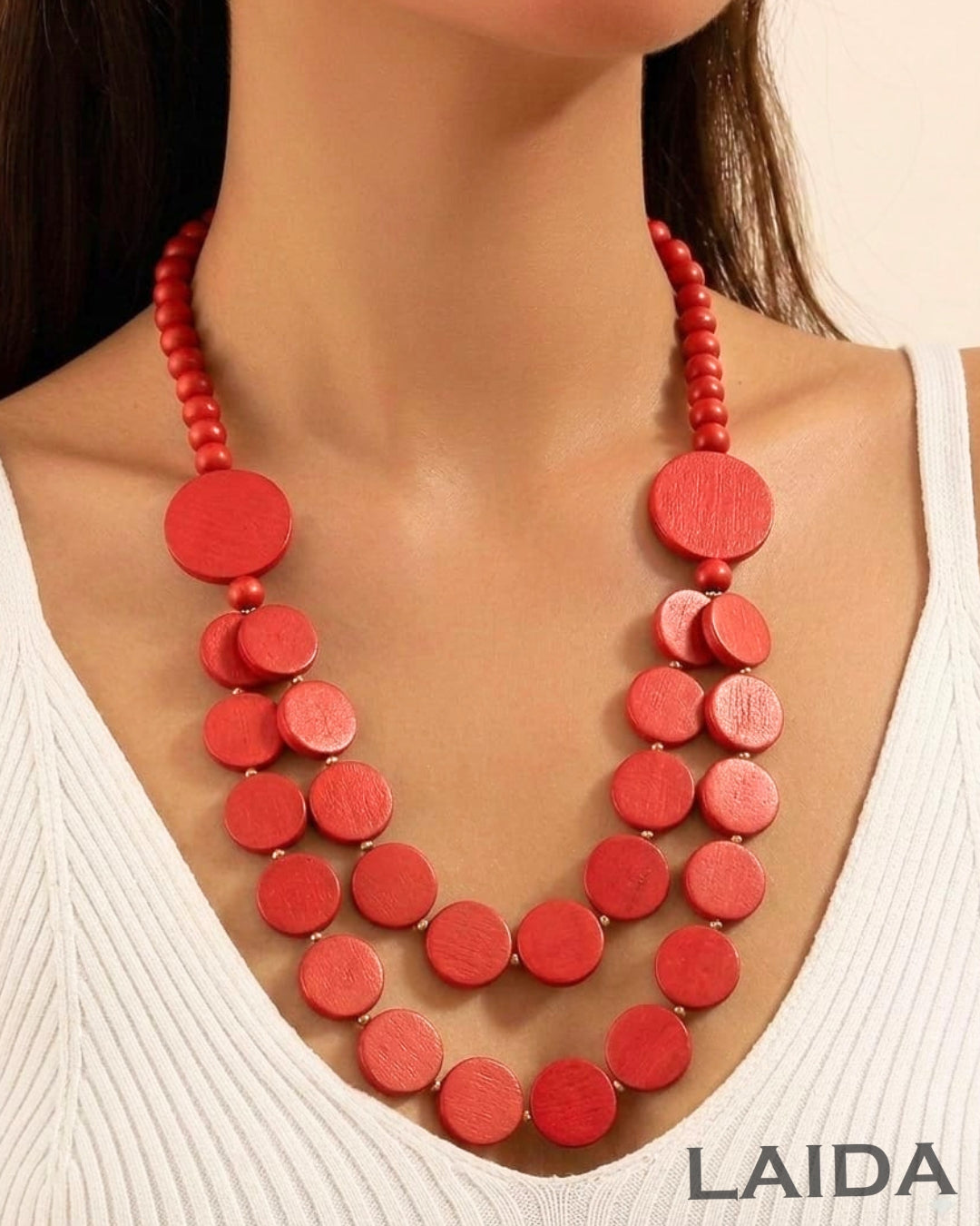 Two - Layered Red Wooden Necklace