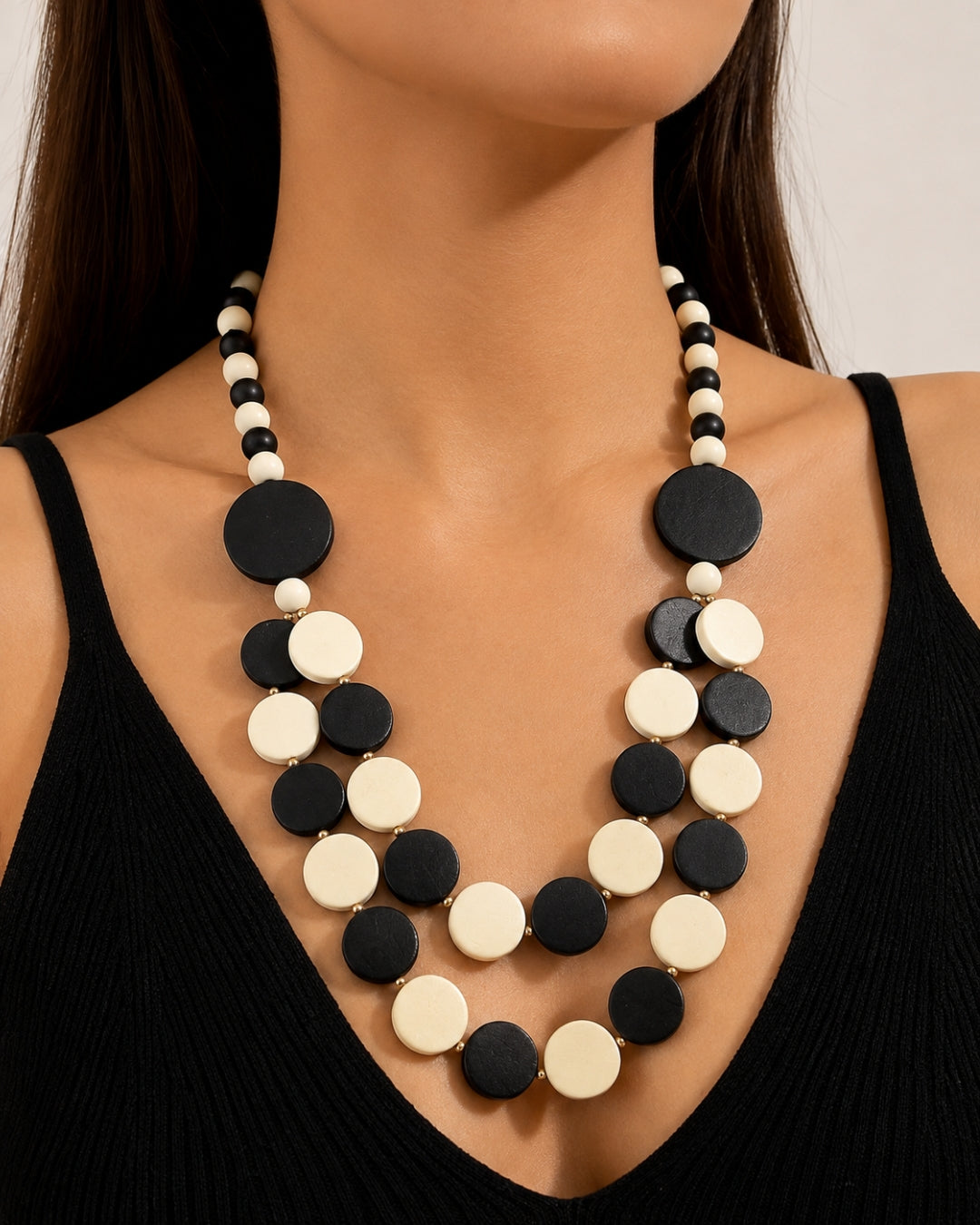 Two - Layered Black And White Wooden Necklace