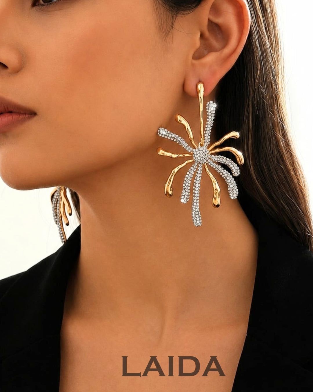 Dual Tone Crystal Flower Drop Earrings