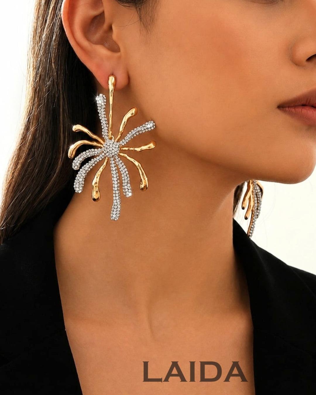 Dual Tone Crystal Flower Drop Earrings