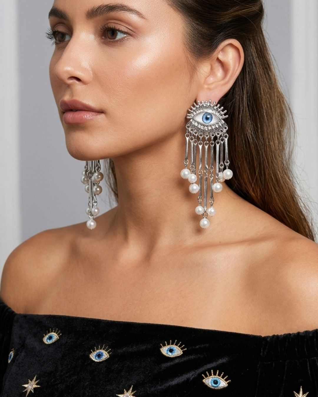 Silver Pearl Fringed Turquoise Evil Eye Drop Earrings