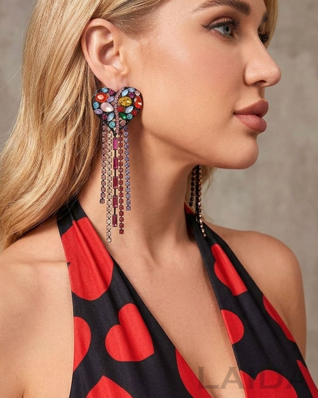 Bling Multi Love Heart Tassel Drop Earrings