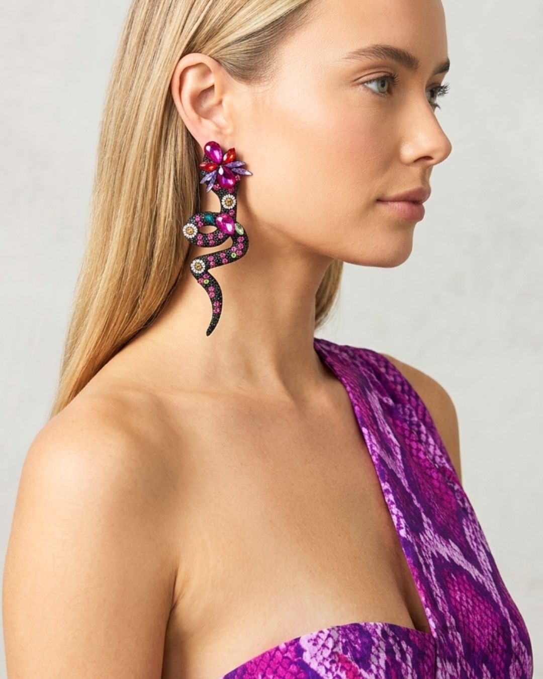 Fuschia Pink Rhinestone Snake Tassel Drop Earrings