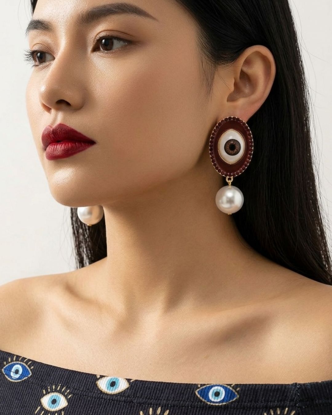 Maroon Pearl Evil Eye Drop Earrings