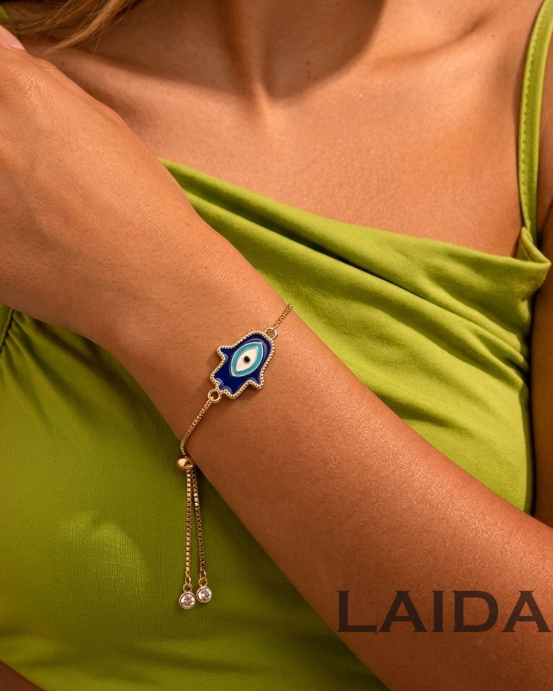 Hamsa Blue - Gold Plated Adjustable Bracelet