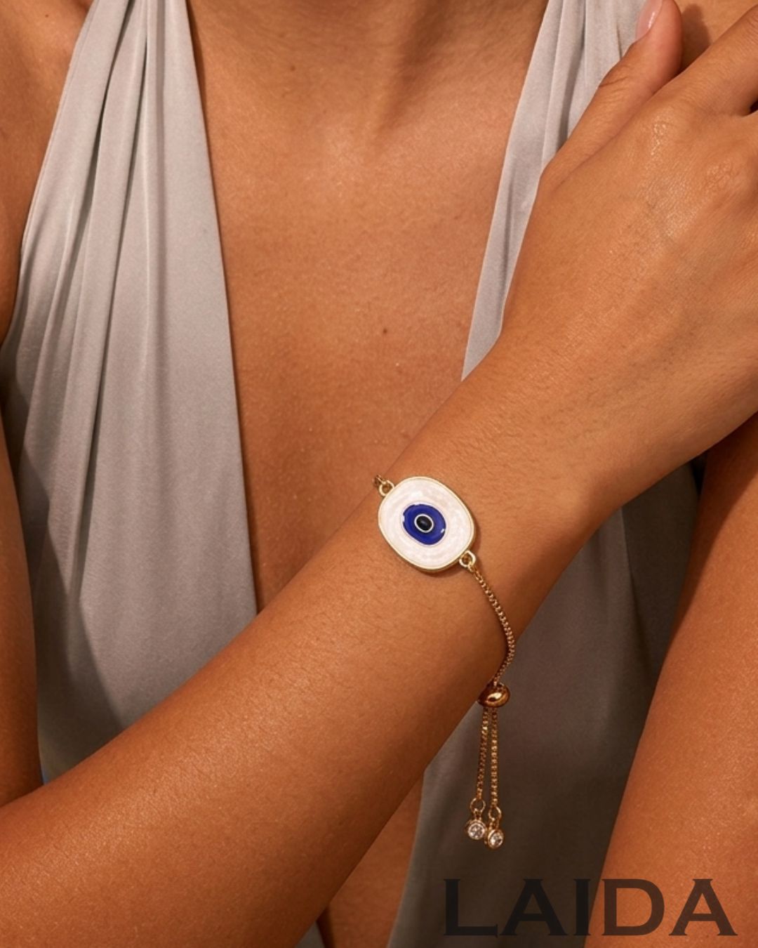 Round White Evil Eye Gold Plated - Adjustable Bracelet