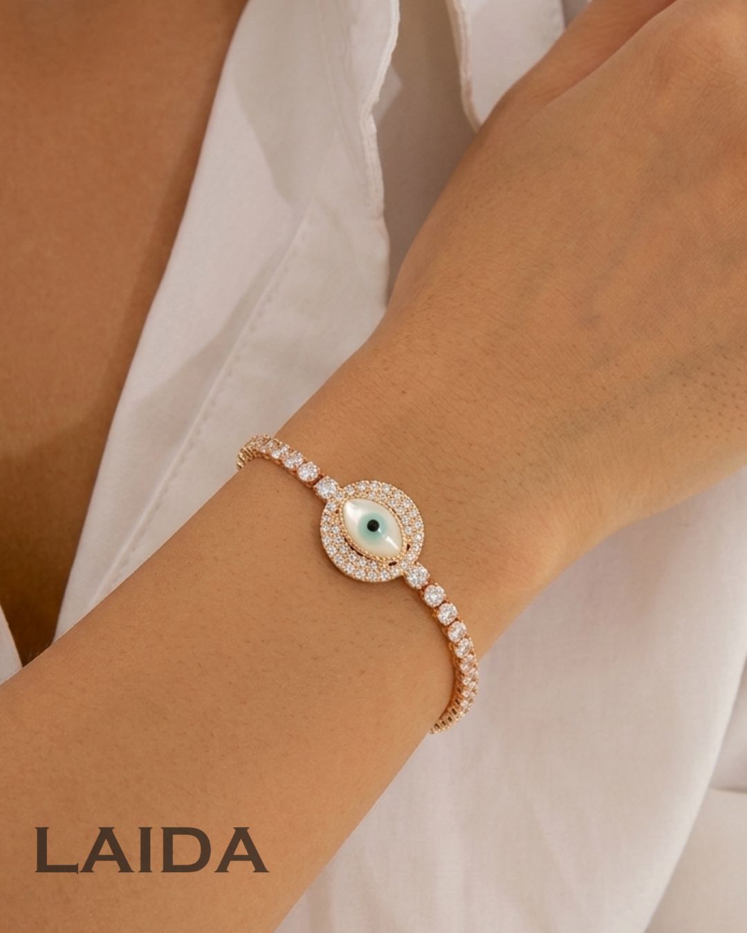 American Diamond Studded Evil Eye Gold Plated - Adjustable Bracelet