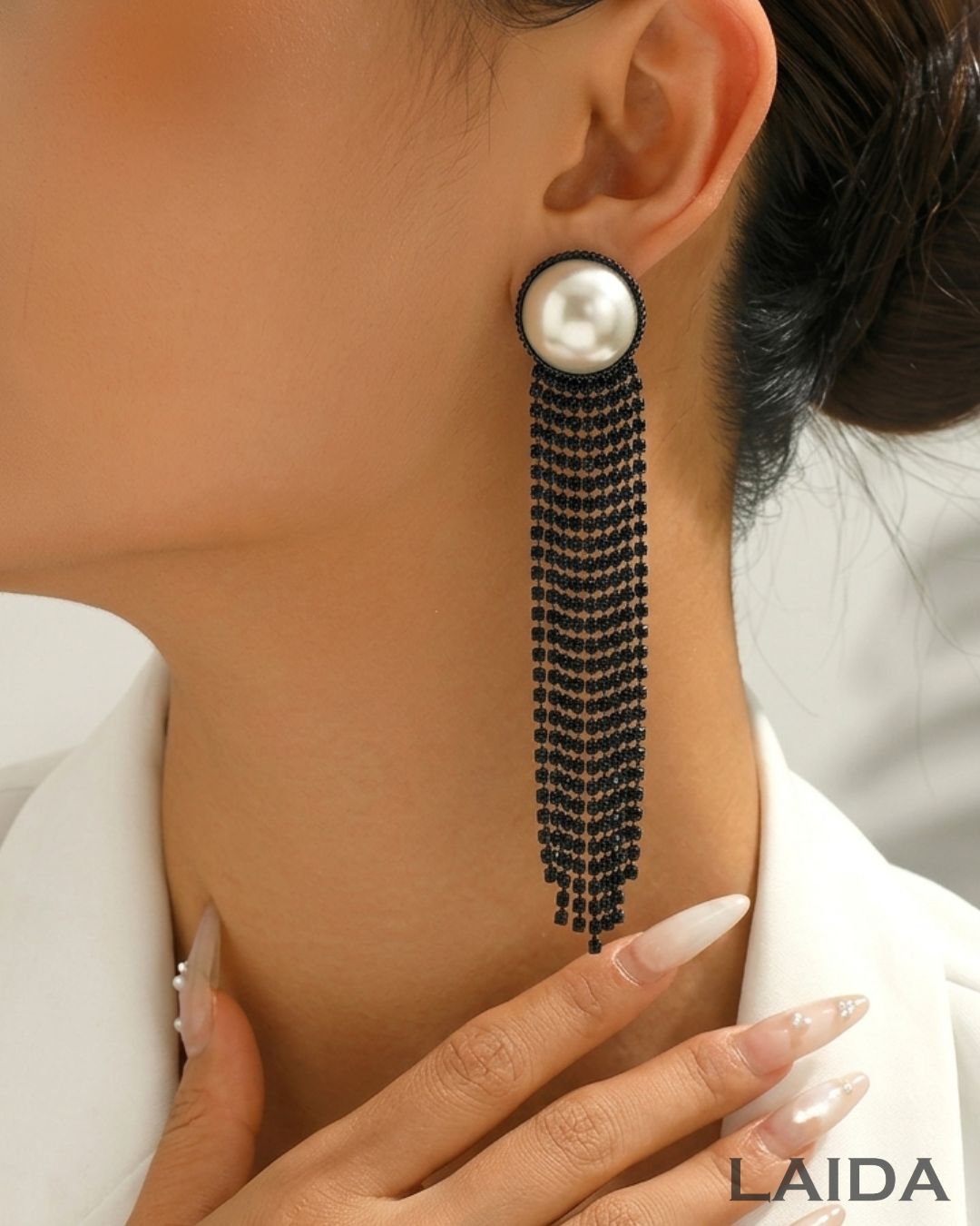 Pearl Black American Diamond Chandelier Earrings