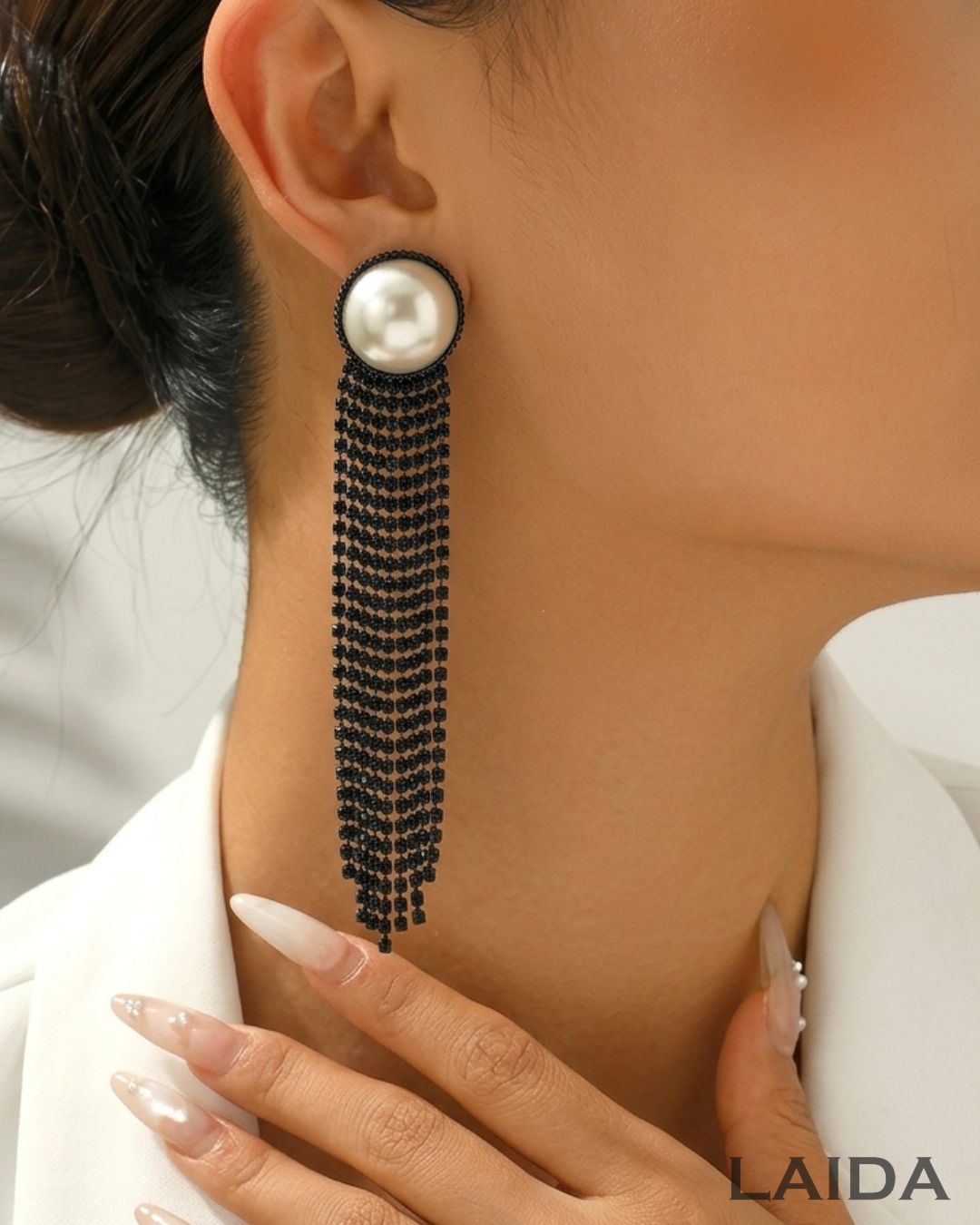 Pearl Black American Diamond Chandelier Earrings