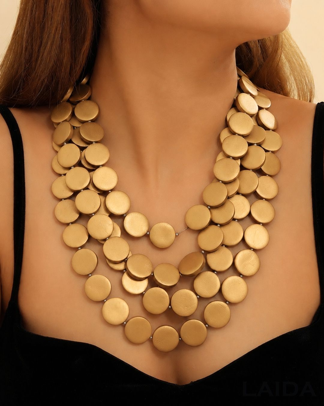 Golden Multi Layered Wooden Charm Necklace