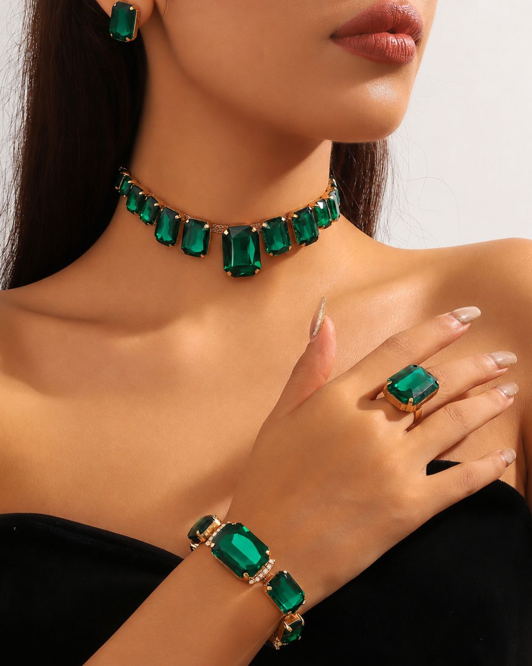 Emerald Green Square Rhinestone Necklace With Earrings Bracelet And Ring