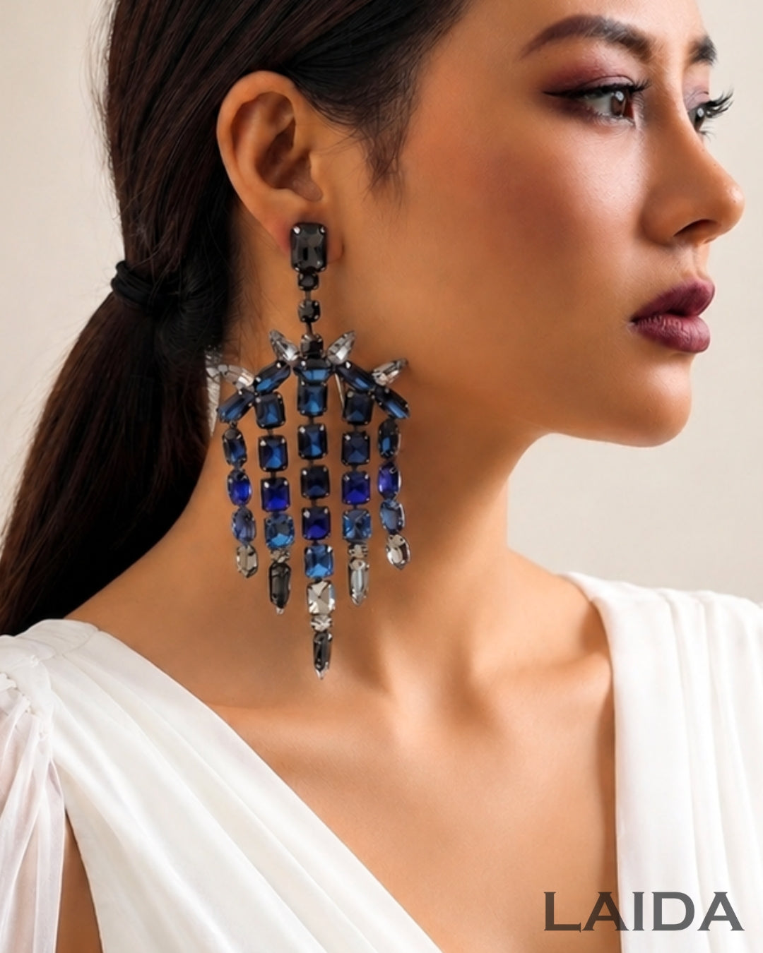 Blue Crystals Diamond Tassel Drop Earrings