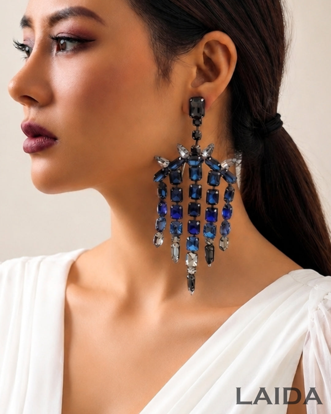 Blue Crystals Diamond Tassel Drop Earrings