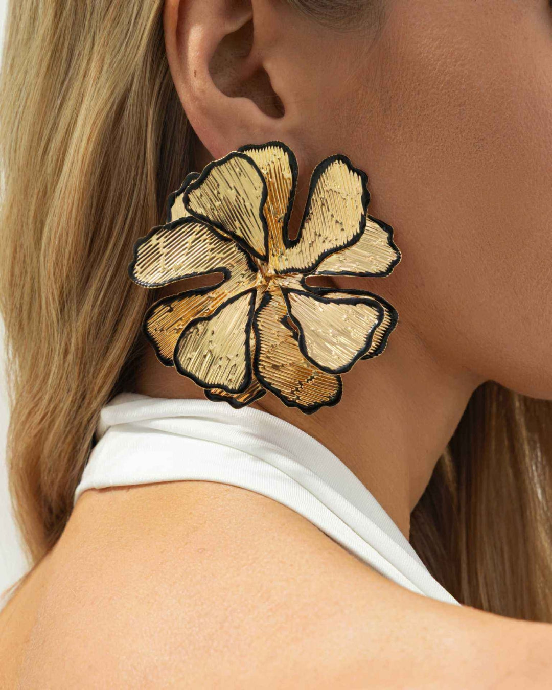 Black Enamel Floral Statement Gold Stud Earrings