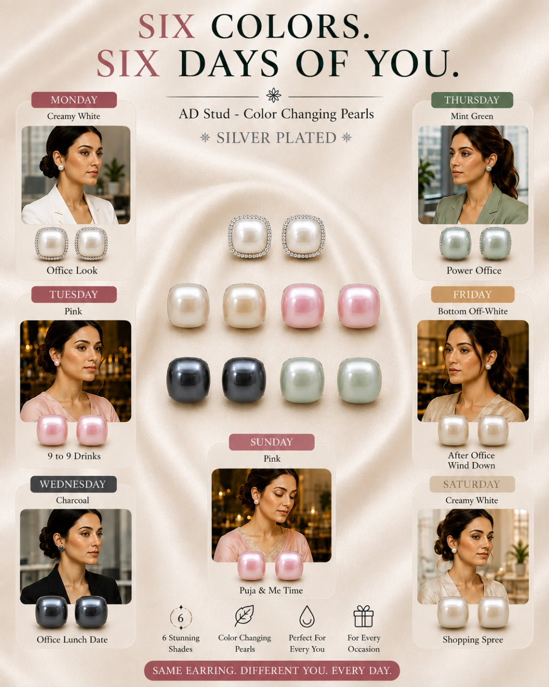 Silver-Plated AD Color Changeable Pearl Stud Earrings Pack Of-6