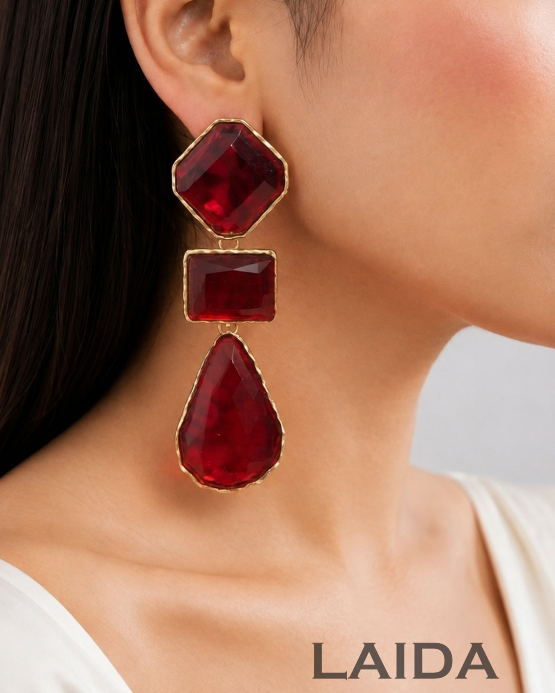 Maya Clear Crystal Maroon Statement Earrings