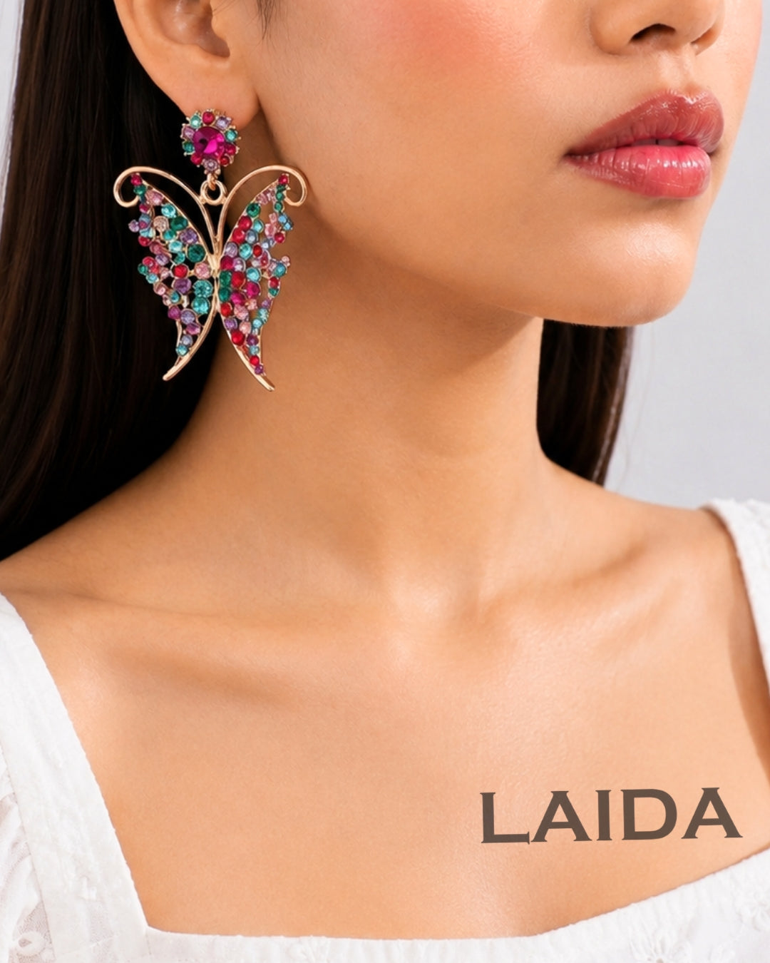 Multi Crystal Butterfly Drop Earrings